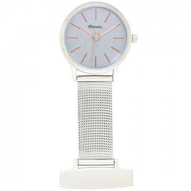 Ravel Easy Read Mesh Nurses FOB Watch Blue face rose gold baton