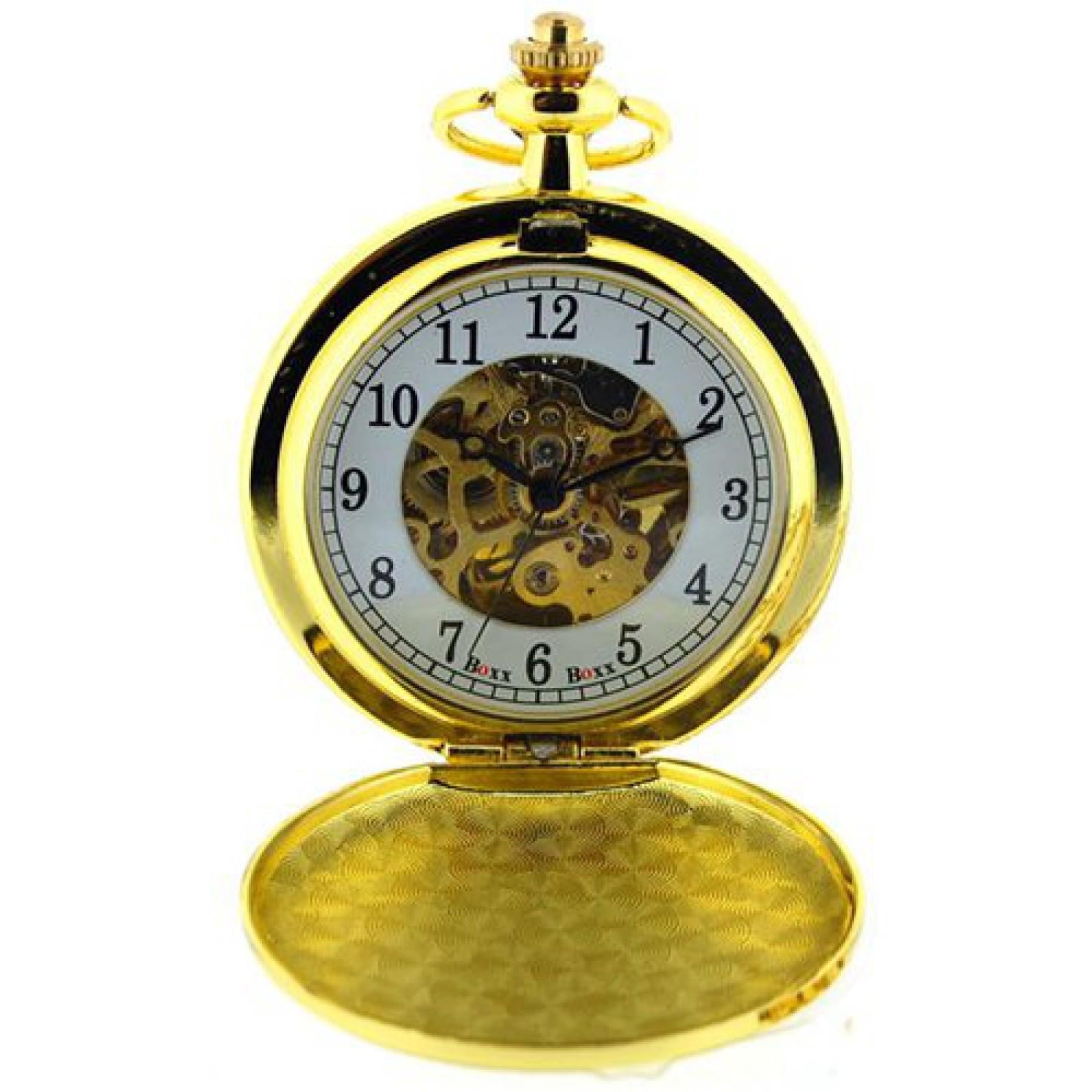 Boxx Mens Gold Tone Skeleton Mechanical Pocket Watch 12 Inch Chain